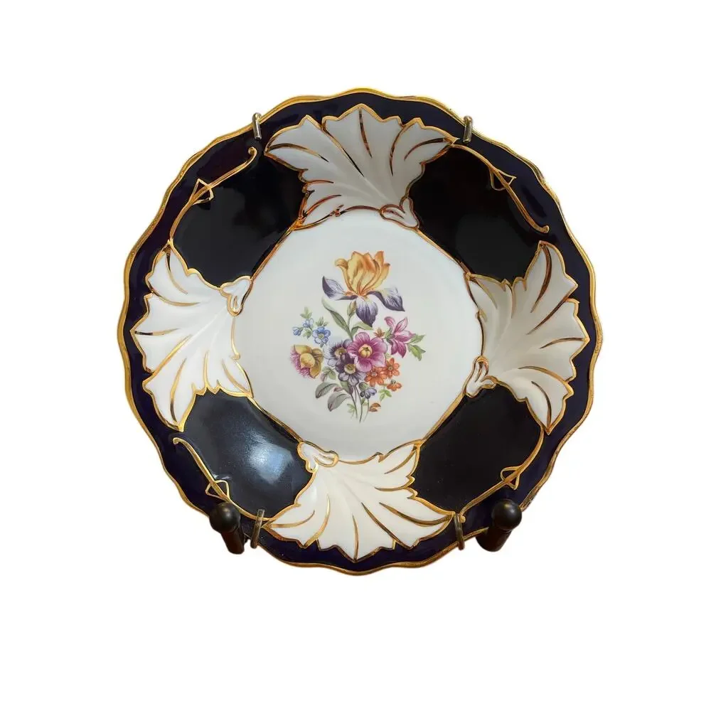 Vintage Weimar Echt Kobalt Floral Gold 8.25” Plate GDR Germany Wall Decor